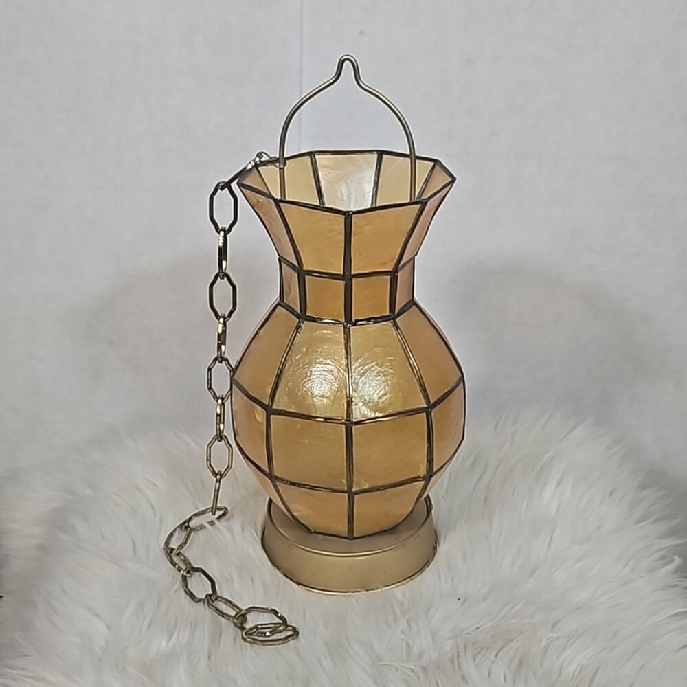 Vintage Capiz Shell Hanging Swag Lamp Holder Gold Boho MCM Coastal Tealight